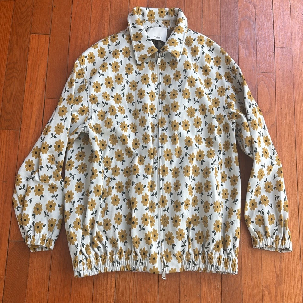 Tibi Floral Button-Up Bomber Jacket in Yellow and White